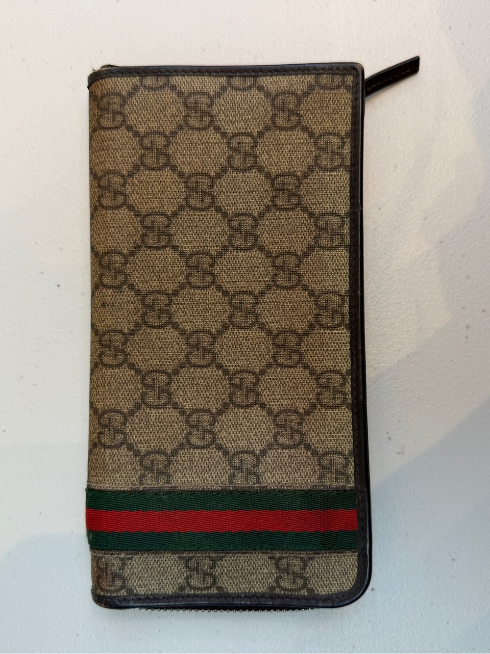 Gucci Brown Monogram Long Wallet with Green & Red Stripe